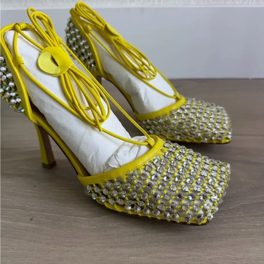 NIB BOTTEGA VENETA yellow sparkle sandal heels lace up size 38.5